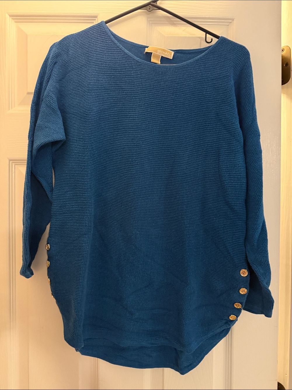 Michael Kors Teal-Blue Crewneck Sweater with Side Buttons